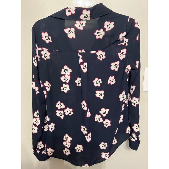 EXPRESS PORTOFINO DARK NAVY BLUE FUCHSIA FLORAL BLUE TOP BUTTON UP EUC XS - Picture 5 of 5